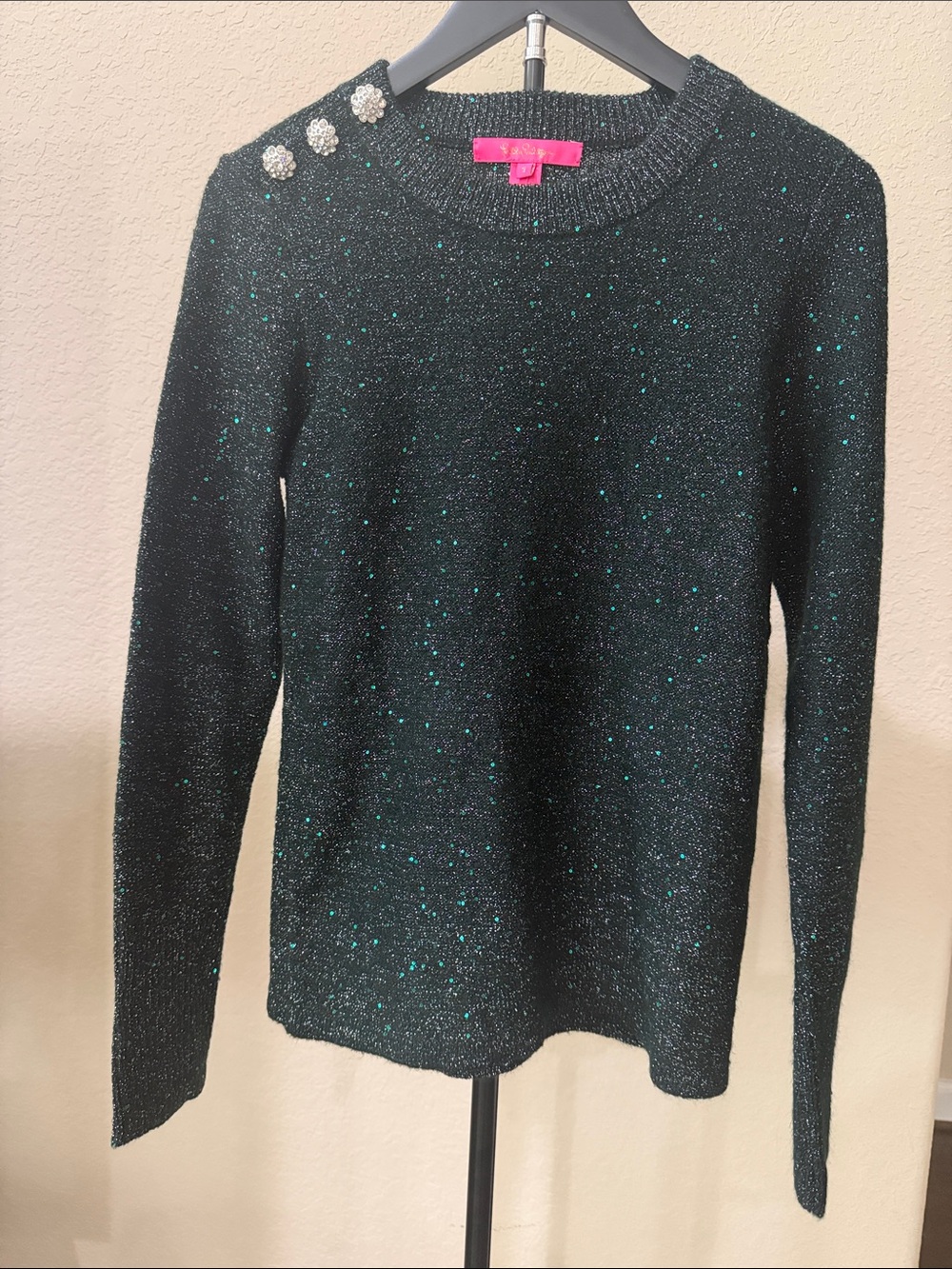 Lilly Pulitzer Morgan Sparkle Button-Shoulder Sweater - Black with Teal Flecks